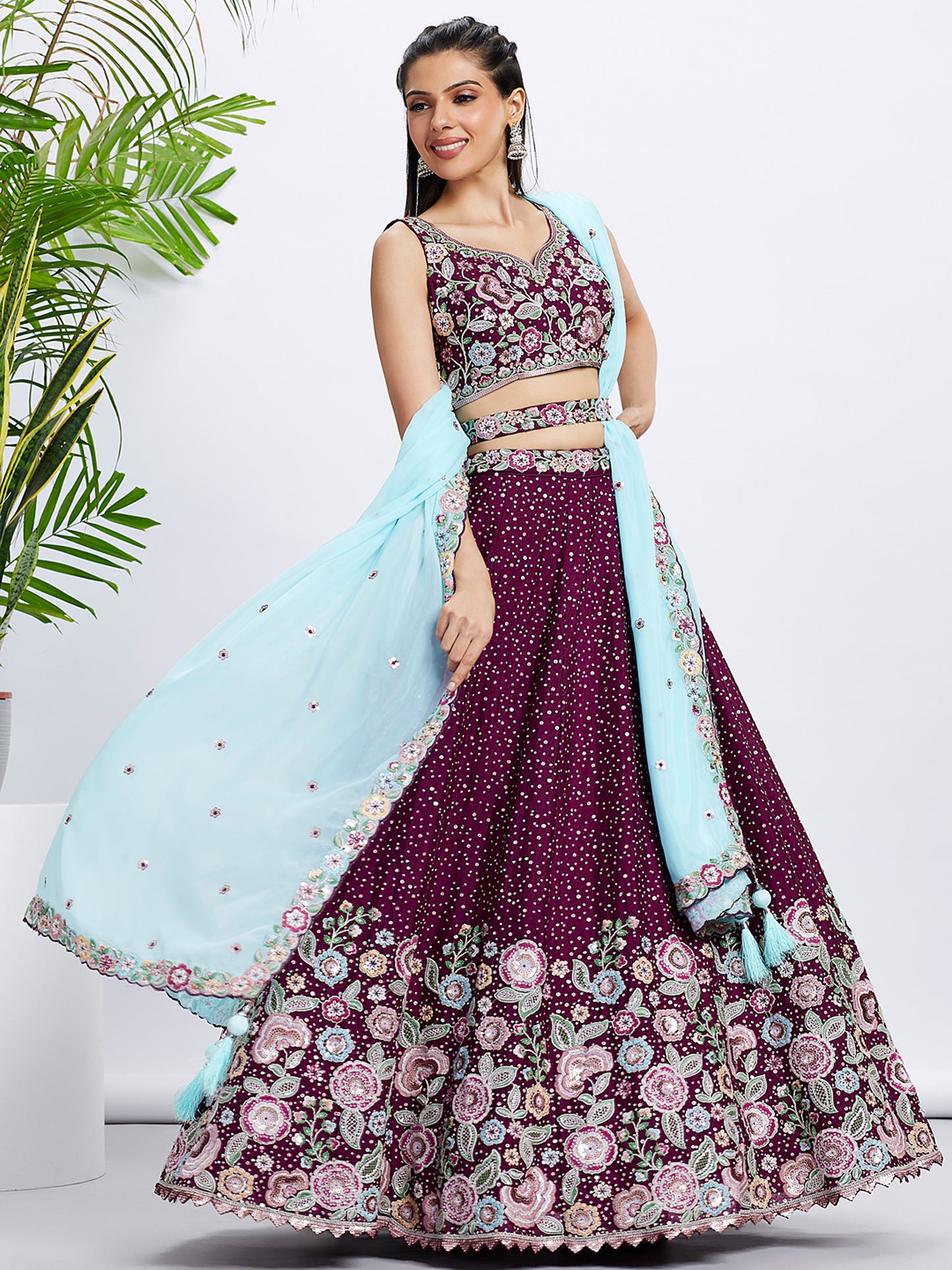 Burgundy Pure Chiffon Sequins and thread embroidery Lehenga choli