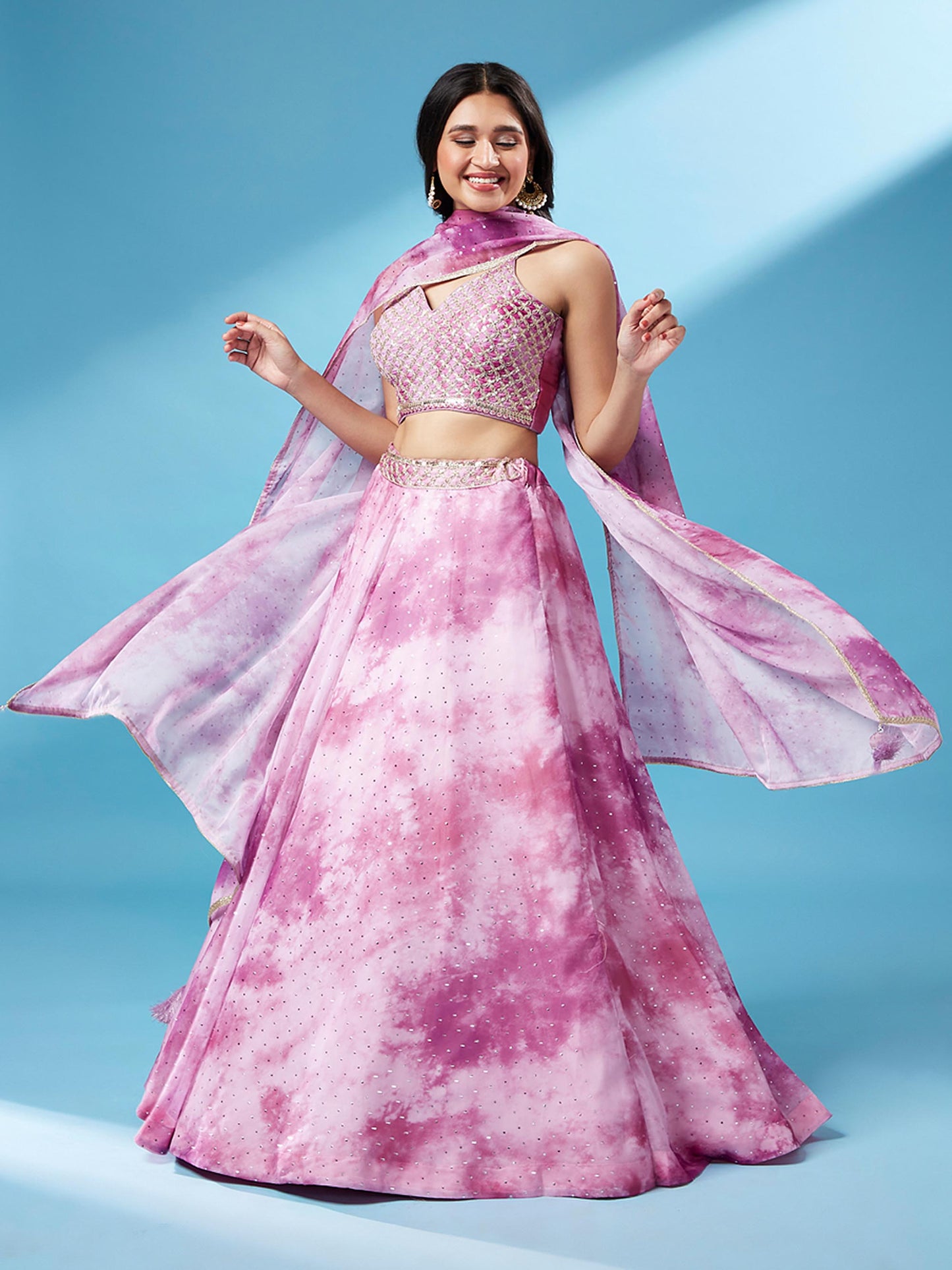 Lavender Organza Floral Printed Lehenga