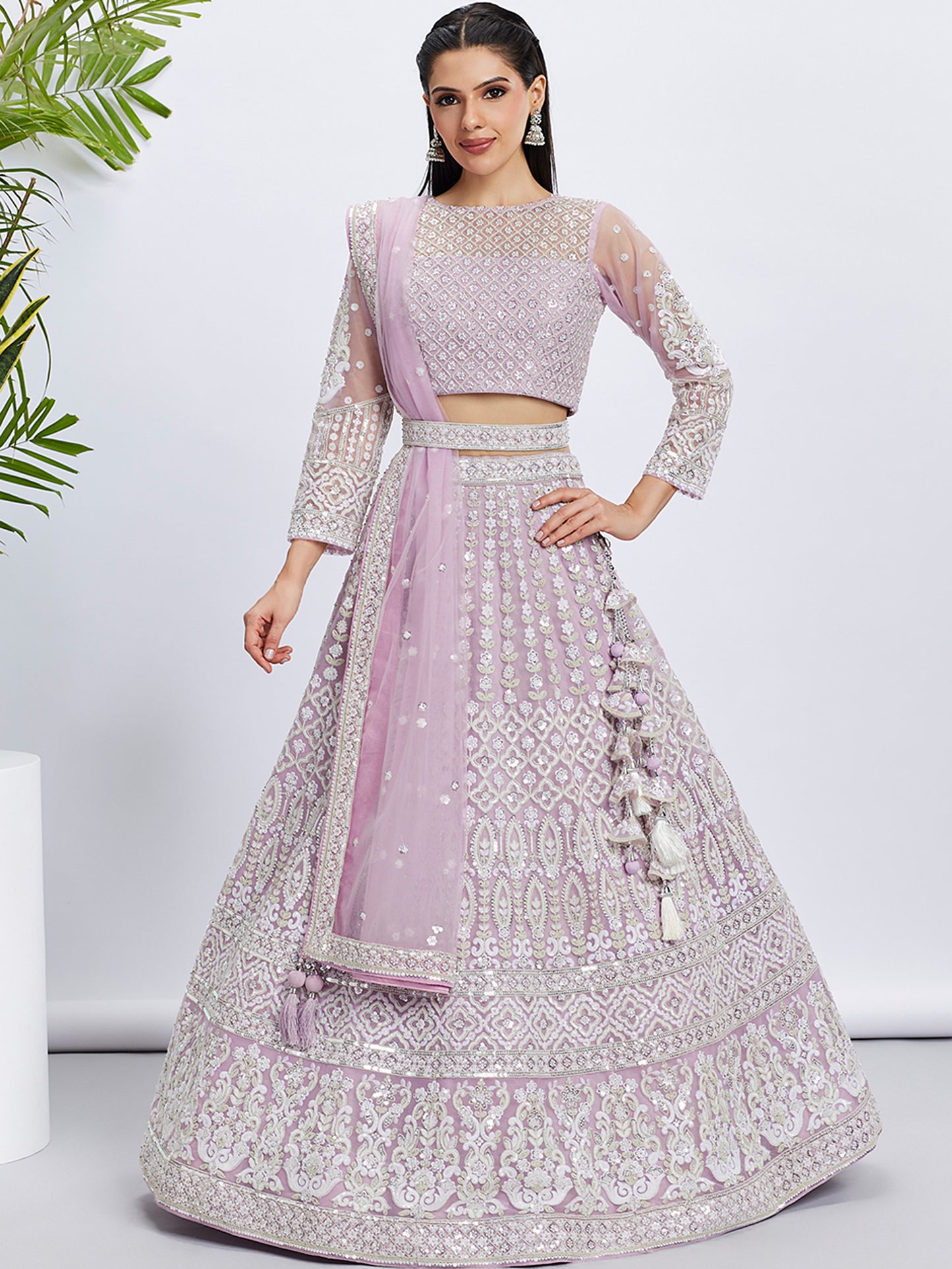 Lavender Net Sequins and thread embroidery Lehenga choli