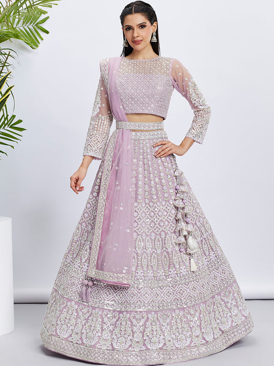 Lavender Net Sequins and thread embroidery Lehenga choli