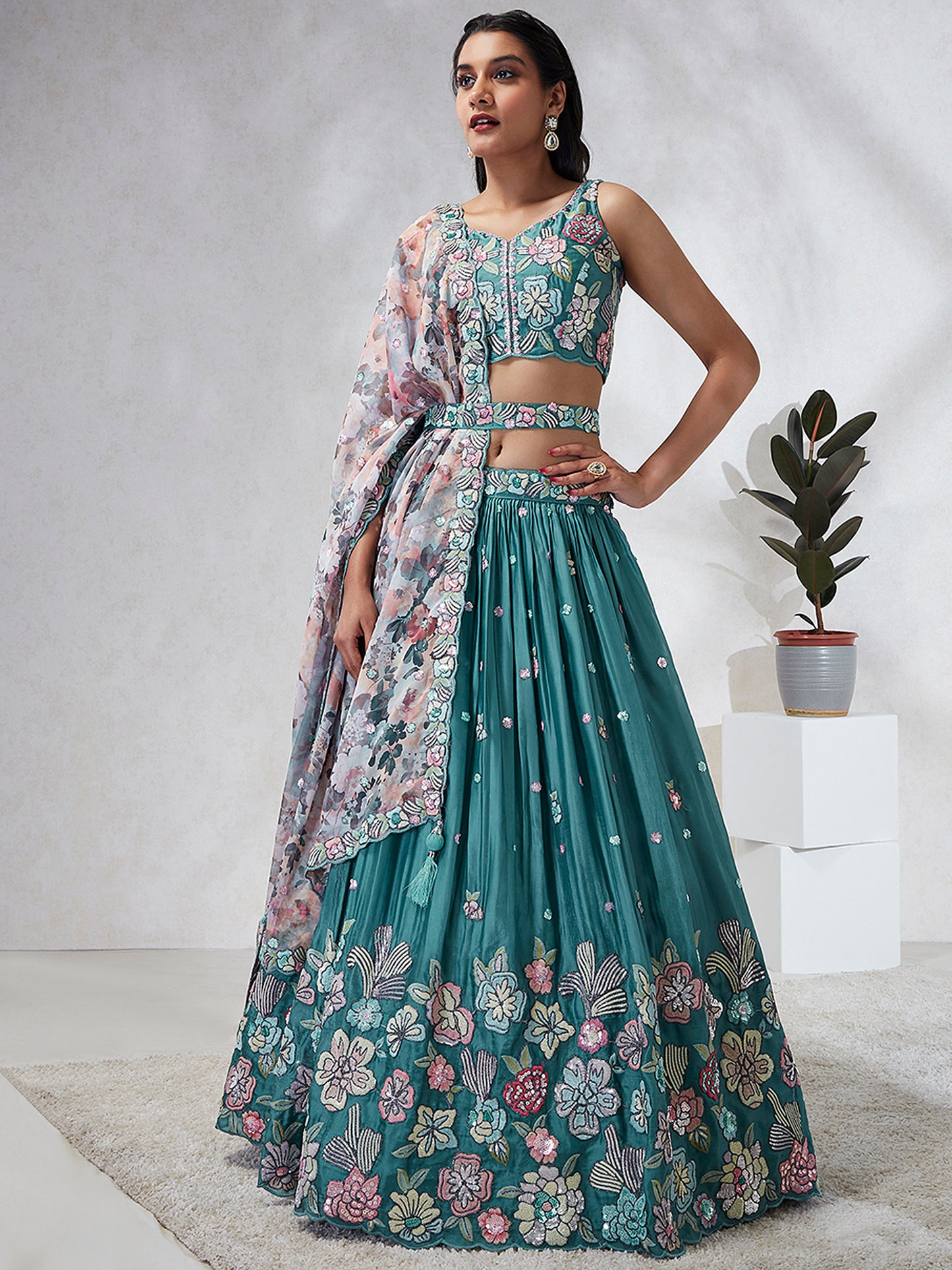Turquoise blue Georgette Sequins and thread embroidery Lehenga
