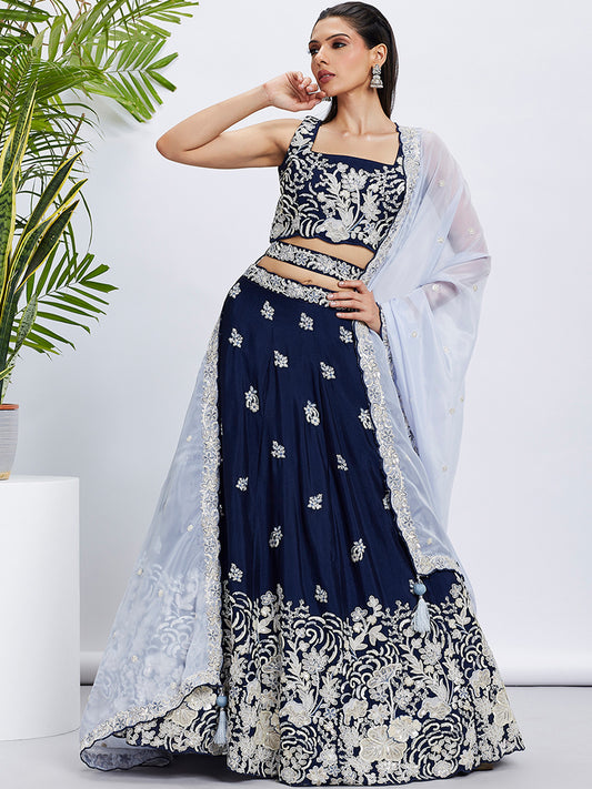 Navy blue Pure Georgette Sequins and thread embroidery Lehenga choli