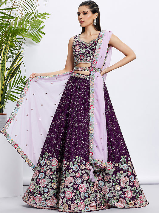 Purple Pure Chiffon Sequins and thread embroidery Lehenga choli