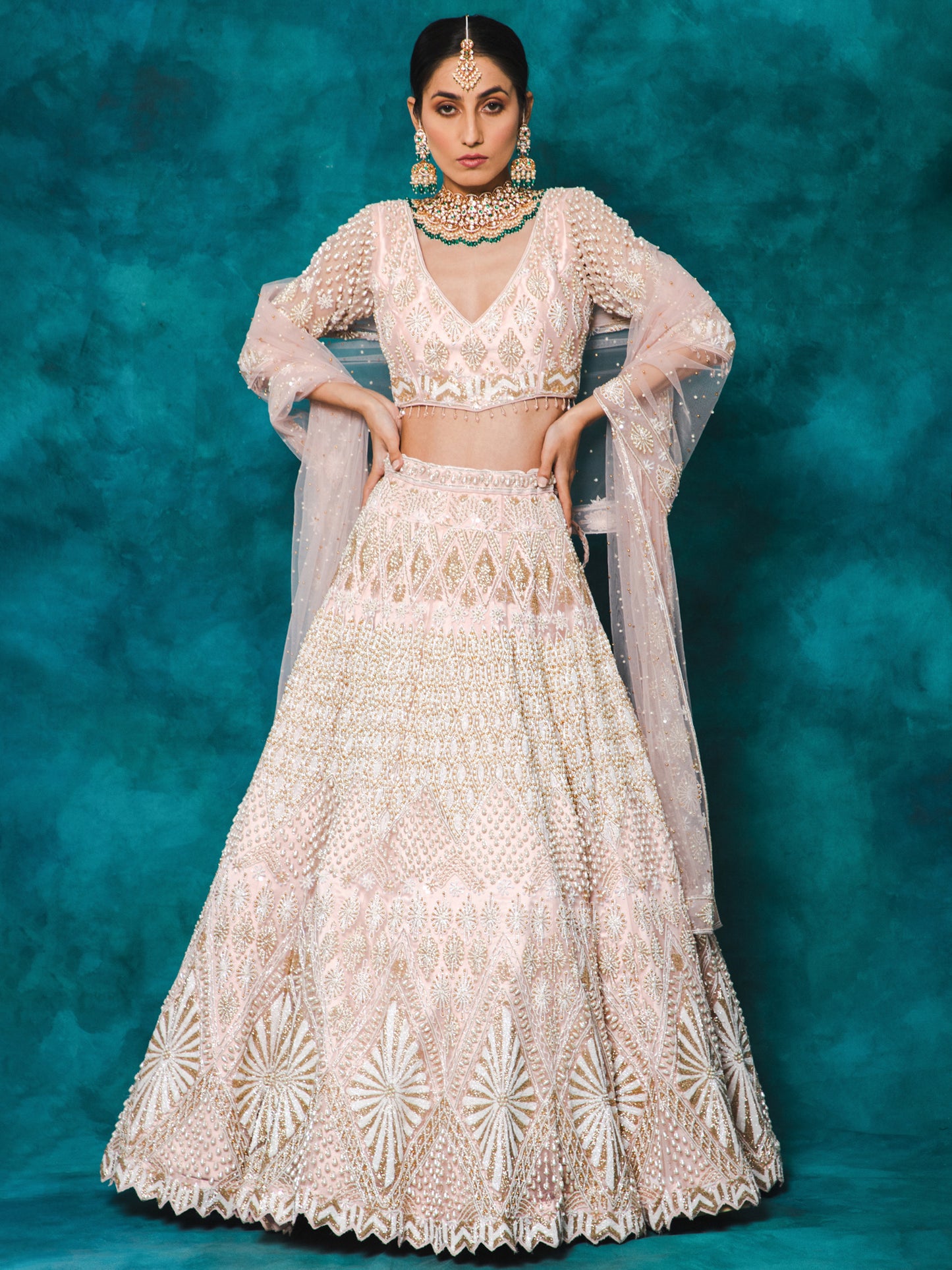 Blush Pink Color Stones & Pearls Embroidery Net Bridal Lehenga