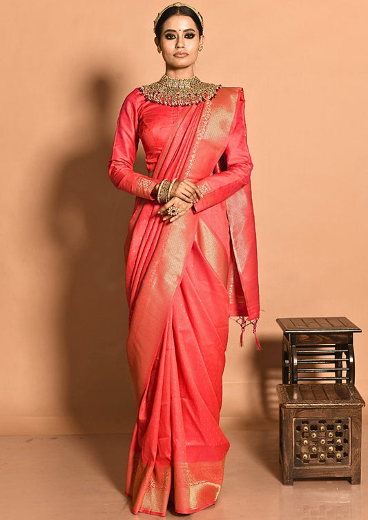 Red Pink Soft Silk Zari Saree