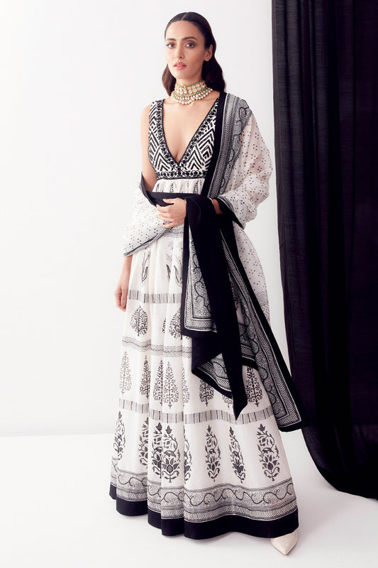 Black & White Hand Block Printed Anarkali Set - Aarambh