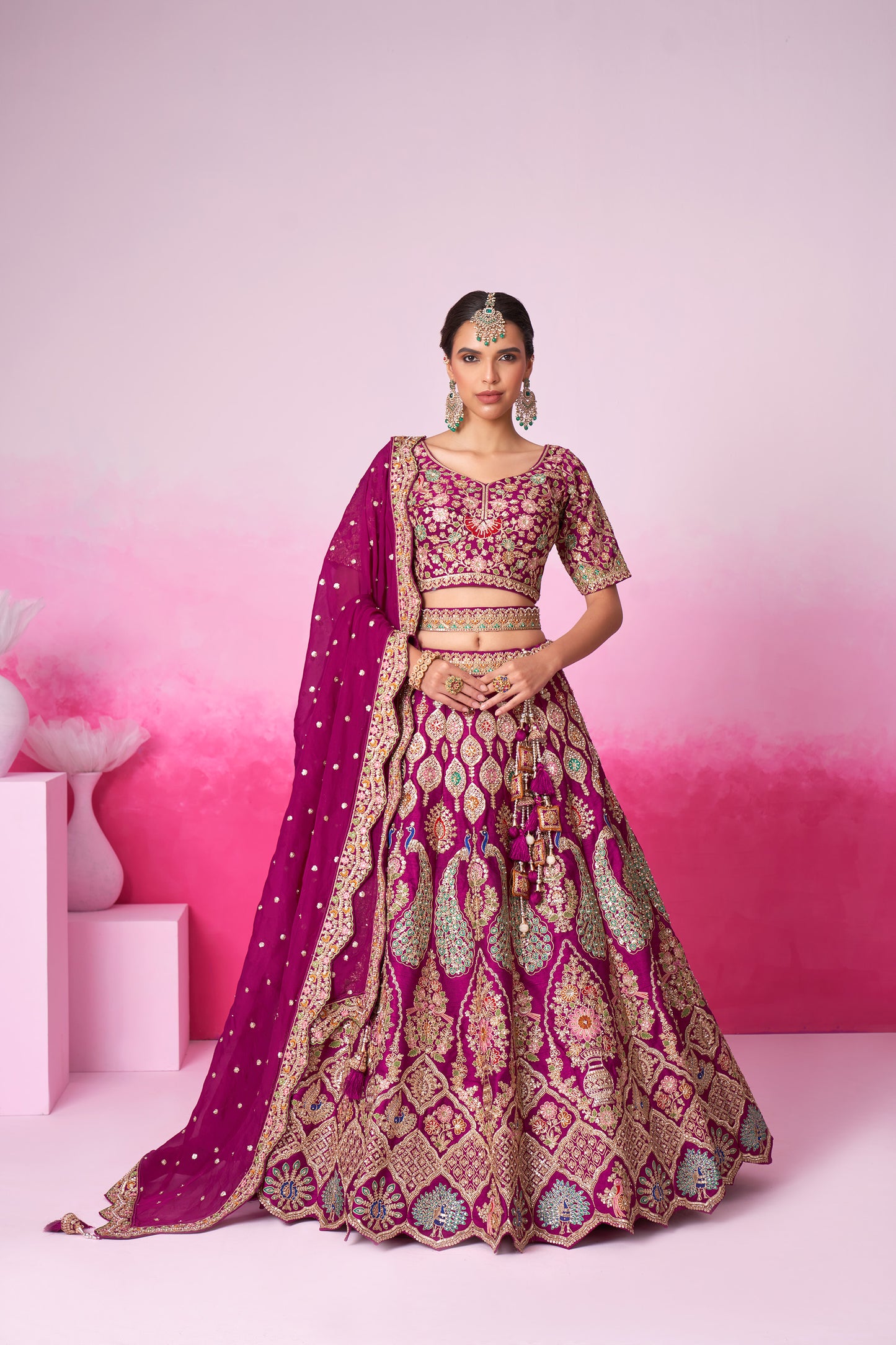 Burgundy Pure silk Moti, Sequins embroidery Bridal Lehenga choli