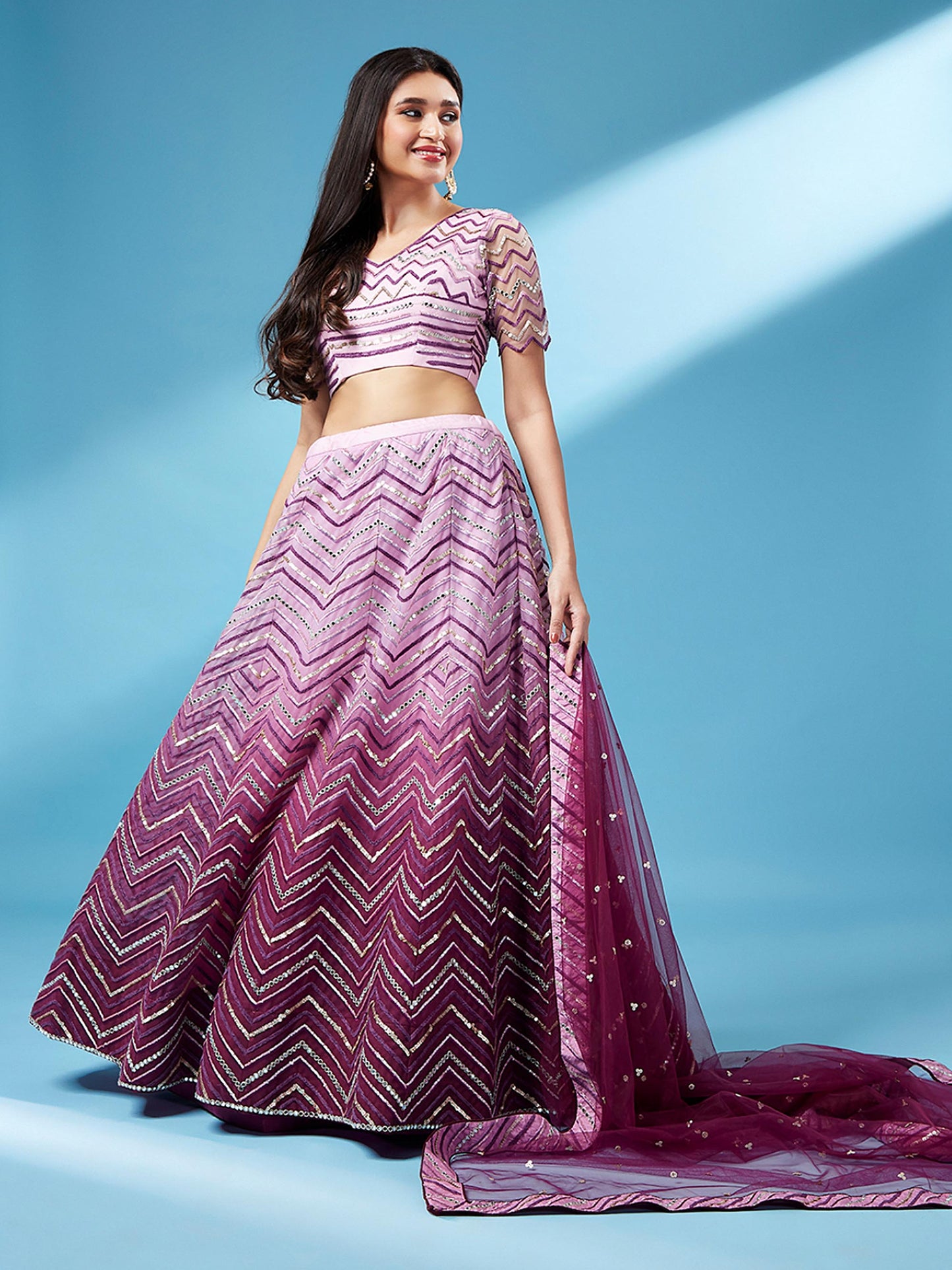 Women Lavender Net Zig-Zag Embroideried Semi-Stitched Lehenga, Unstitched Blouse & Dupatta