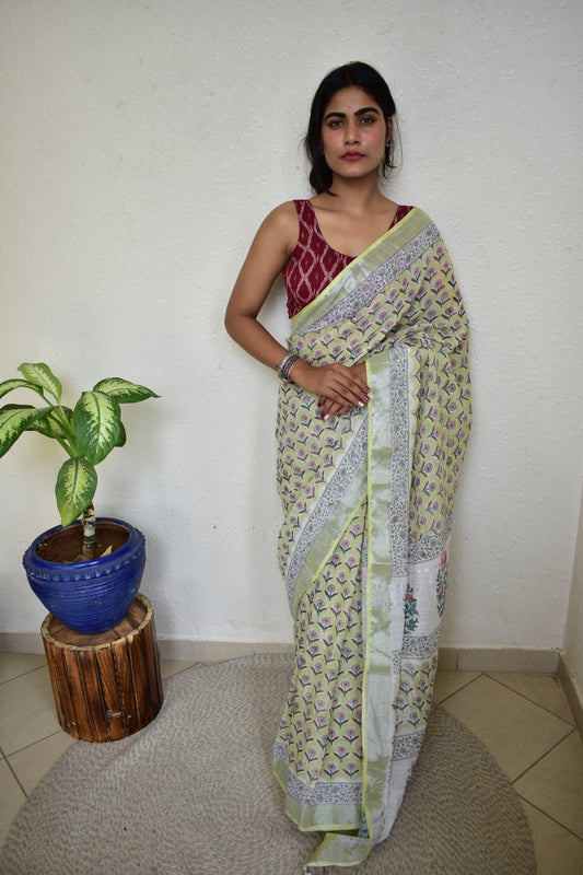 Sadabahar - Handblock Print Natural Dyed - Linen Cotton Saree