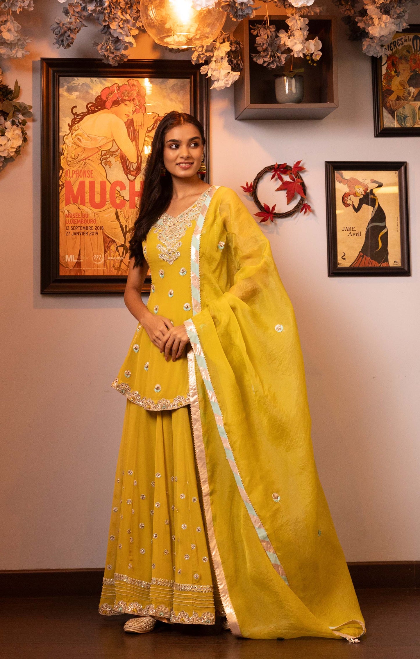 Glitterati Yellow Georgette Gotta Dori Mehendi Sharara