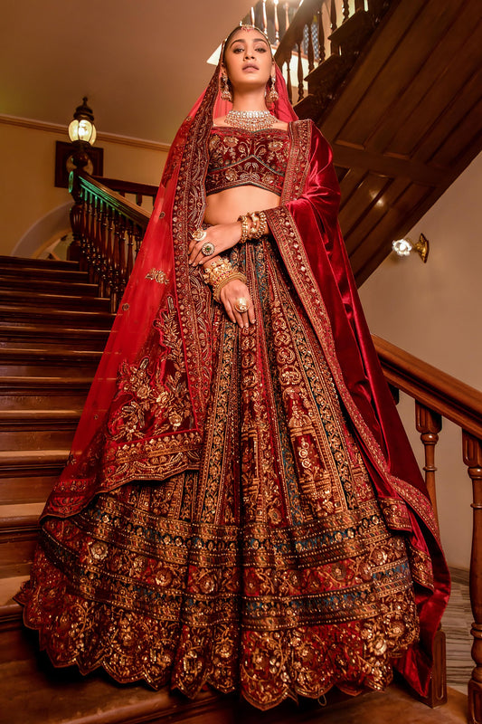 Red Velvet Sequins Embroidered Indian Bridal lehenga