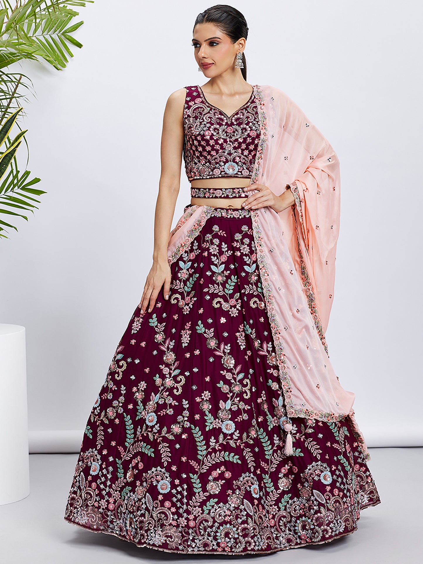 Burgundy Pure Georgette Sequins and thread embroidery Lehenga choli