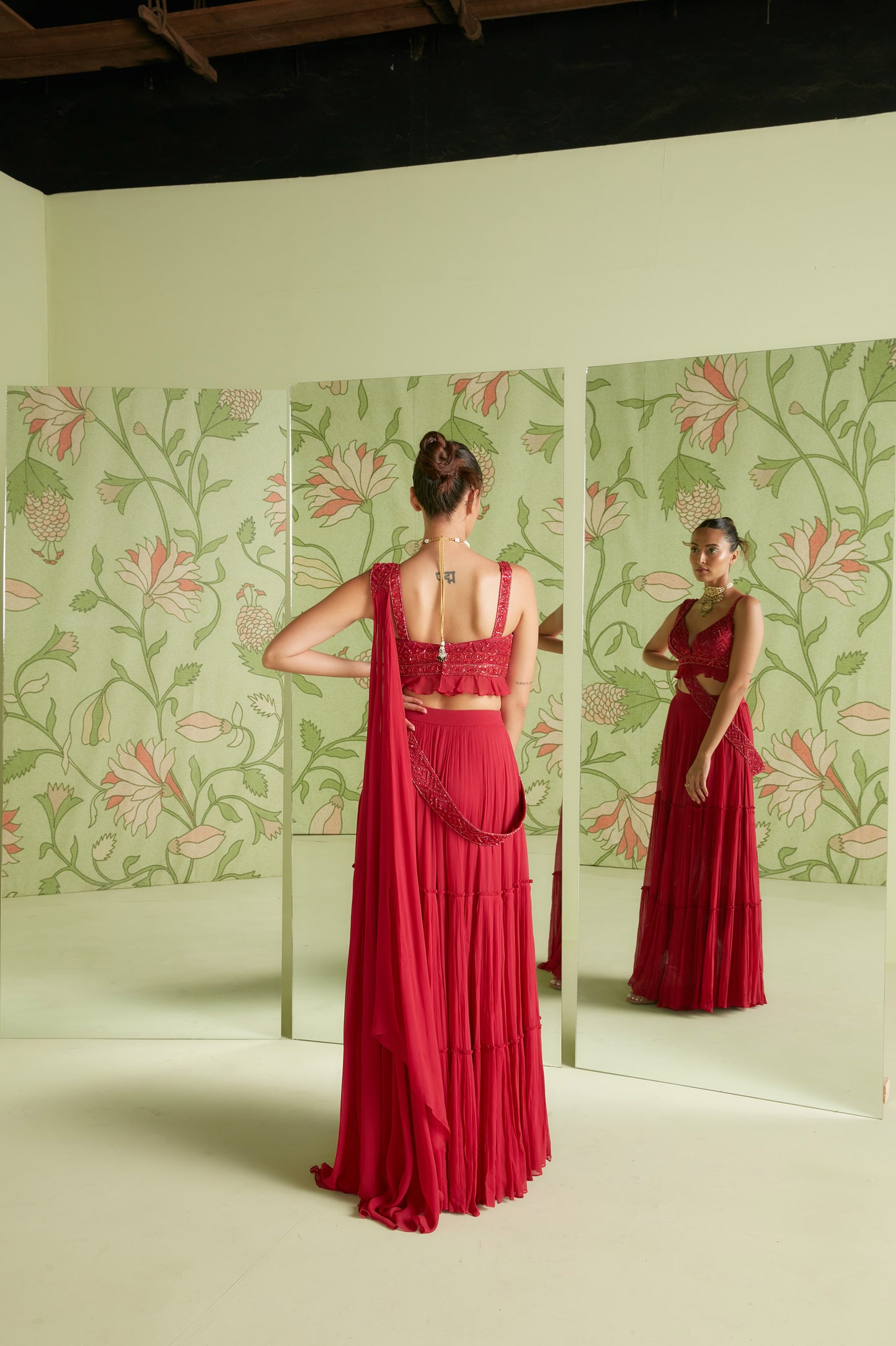 Cherry Red Concept Georgette Signature 3D Embellished Saree