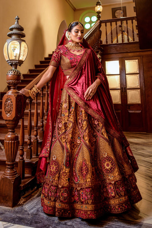 Red Velvet Sequins Embroidered Indian Bridal lehenga