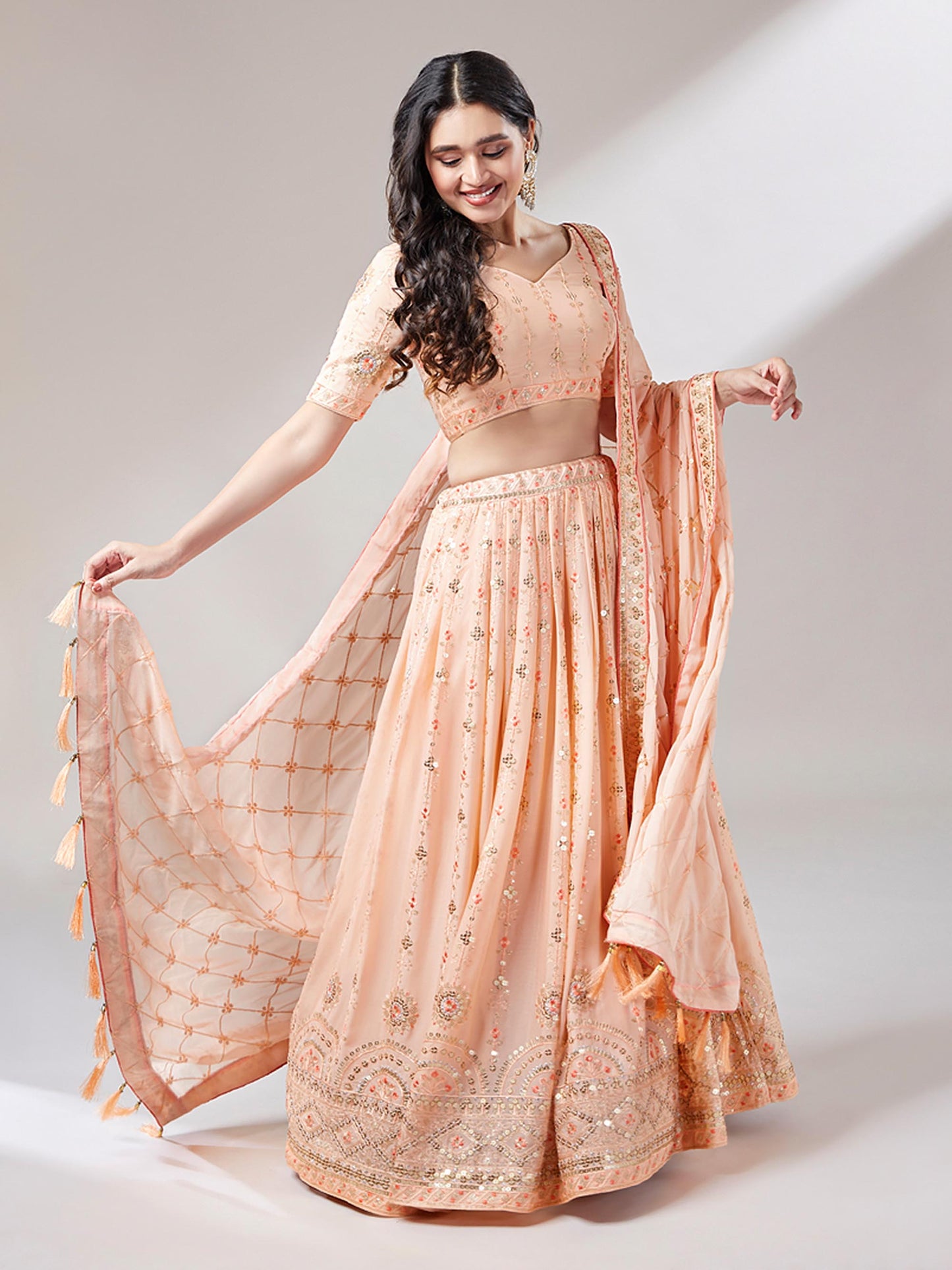 Women Peach Pure Georgette Embroidered Semi-Stitched Lehenga & Unstitched Blouse Dupatta