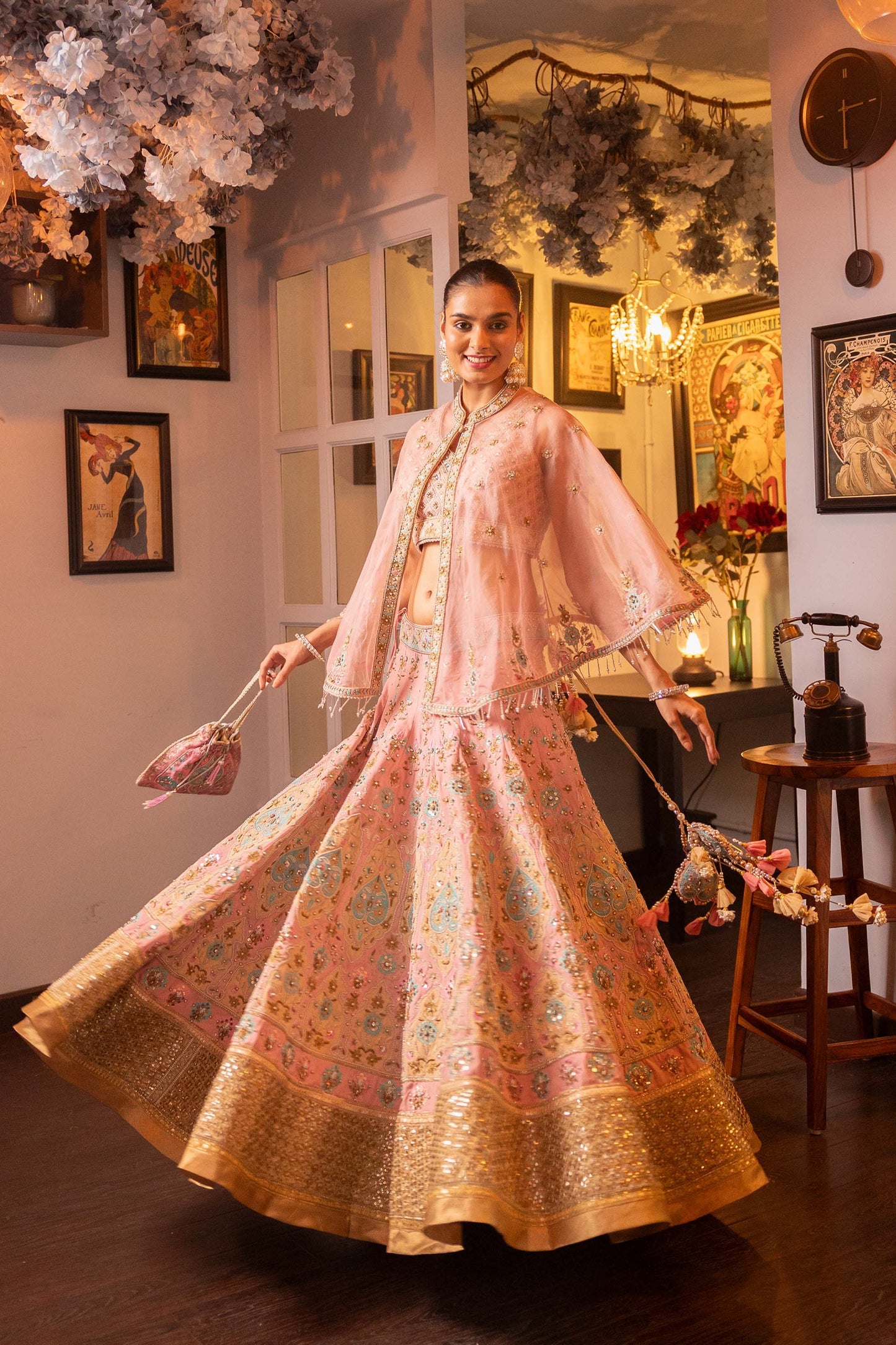 Pietra Dura Pink Raw Silk Machine Embroidered Bridesmaid Lehenga