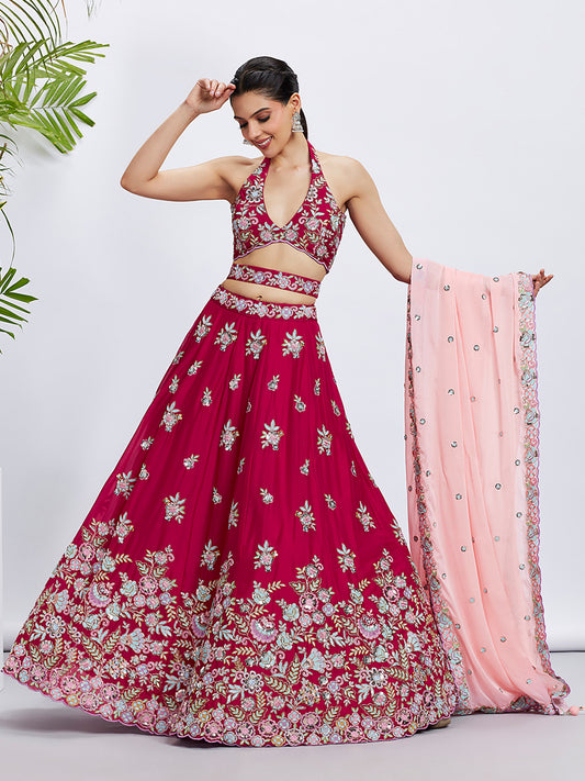 Rose Pure Georgette Sequins and thread embroidery Lehenga choli