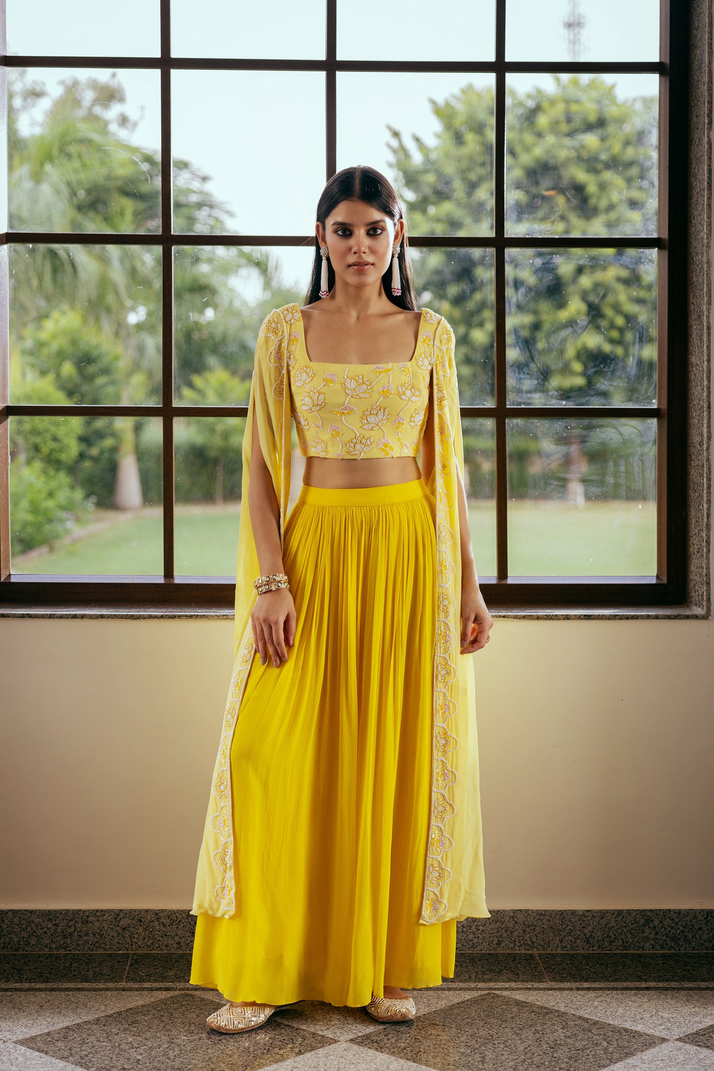 Astrid Silk Organza Yellow Ajooba Cape Set