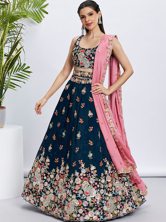 Navy blue Organza Sequins and thread embroidery Lehenga choli