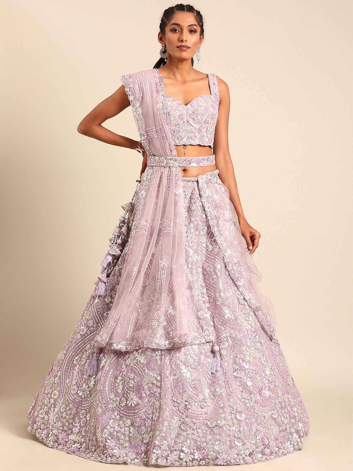 Lavender Net Sequins and Zarkan embroidery Lehenga