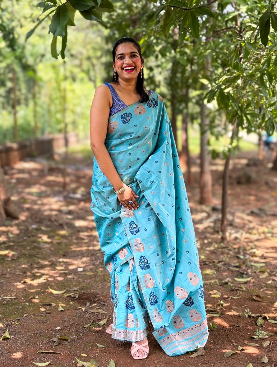 Devi Pratibha Blue Handloom Mekhela Chador saree