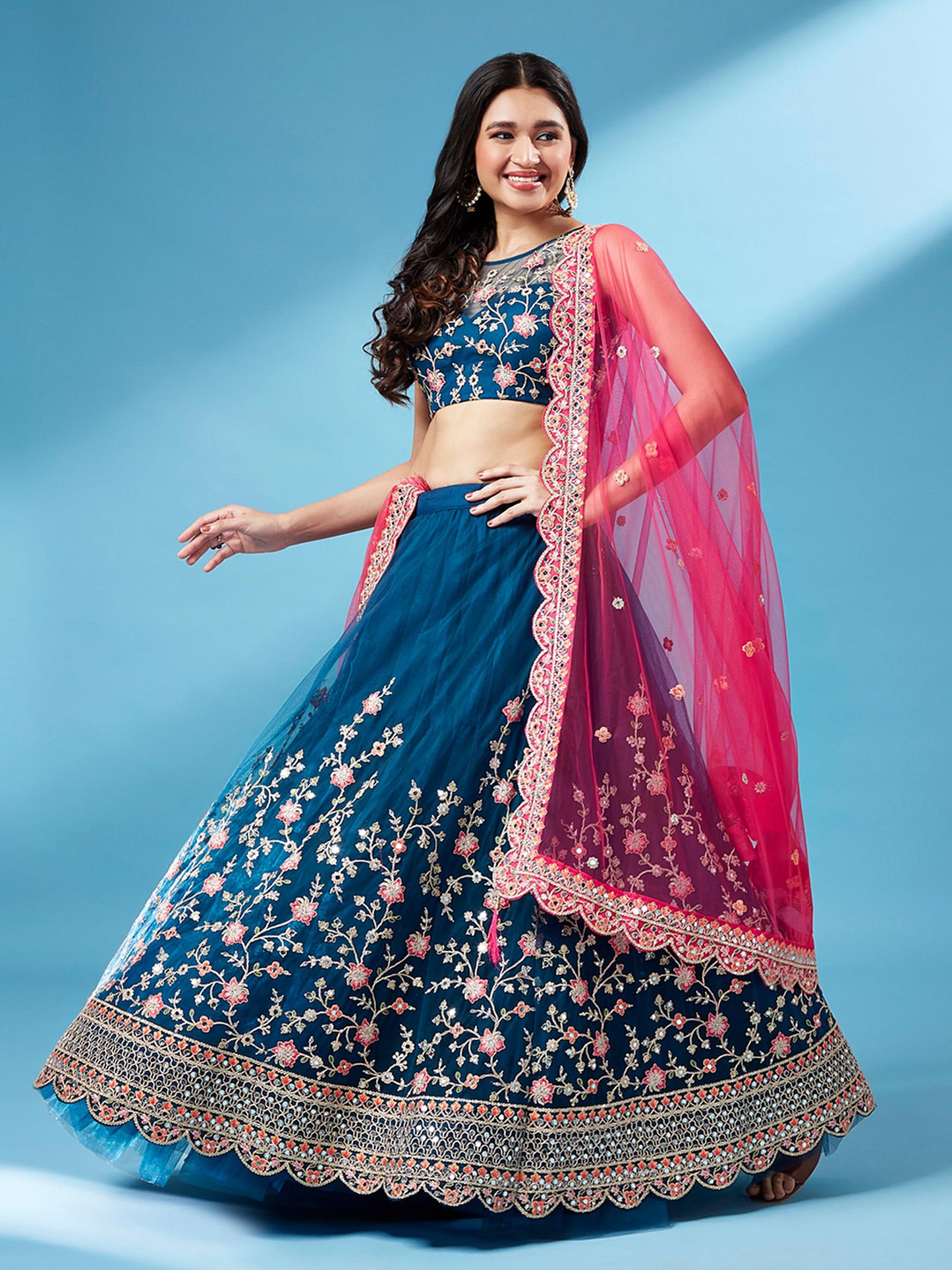 Teal Net Semi stitched Coding and Mirror Work Lehenga Choli