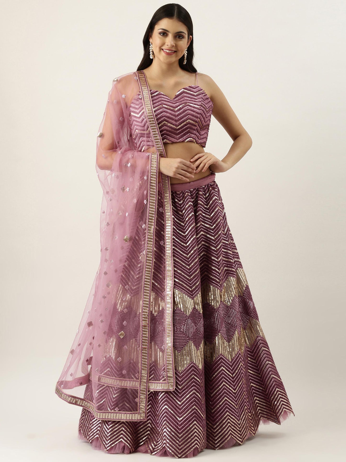 Lavender - Net Embroidered Semi-Stitched Lehenga with Zig-Zag Pattern