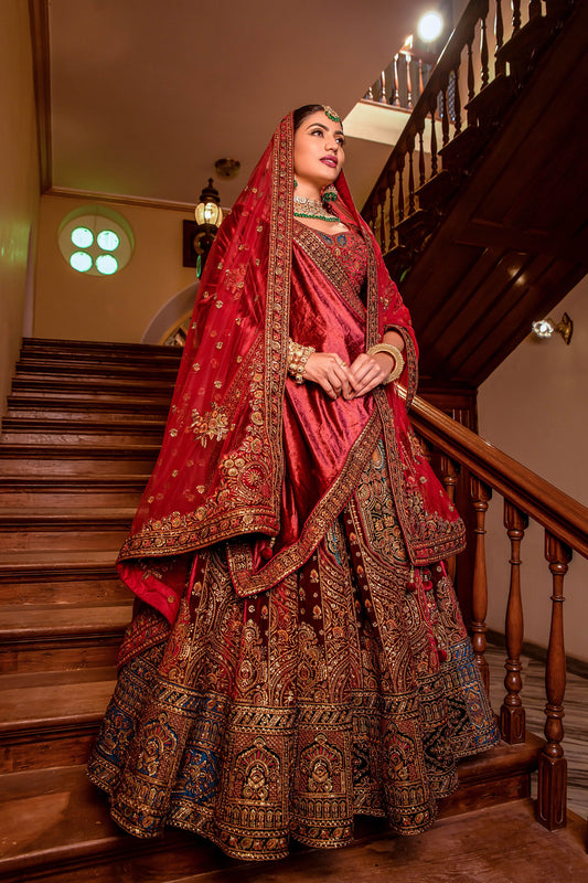 Red Velvet Sequins Embroidered Indian Bridal lehenga