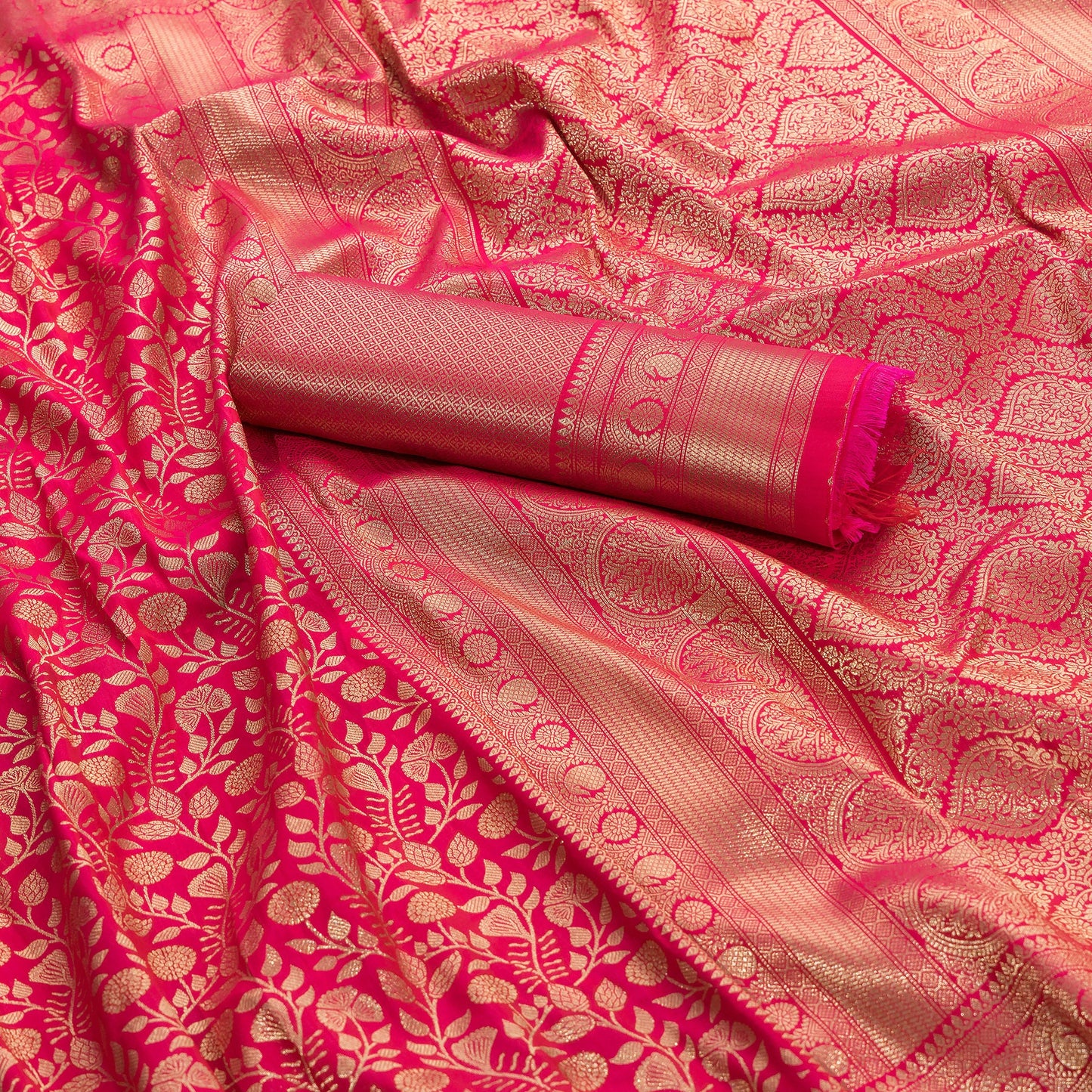 Classic Kanjeevaram-Inspired Rani Pink Silk Saree