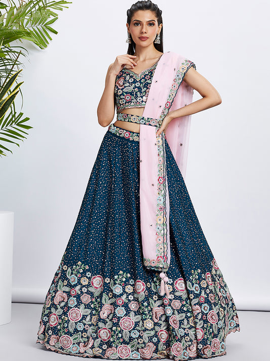 Navy blue Pure Chiffon Sequins and thread embroidery Lehenga choli