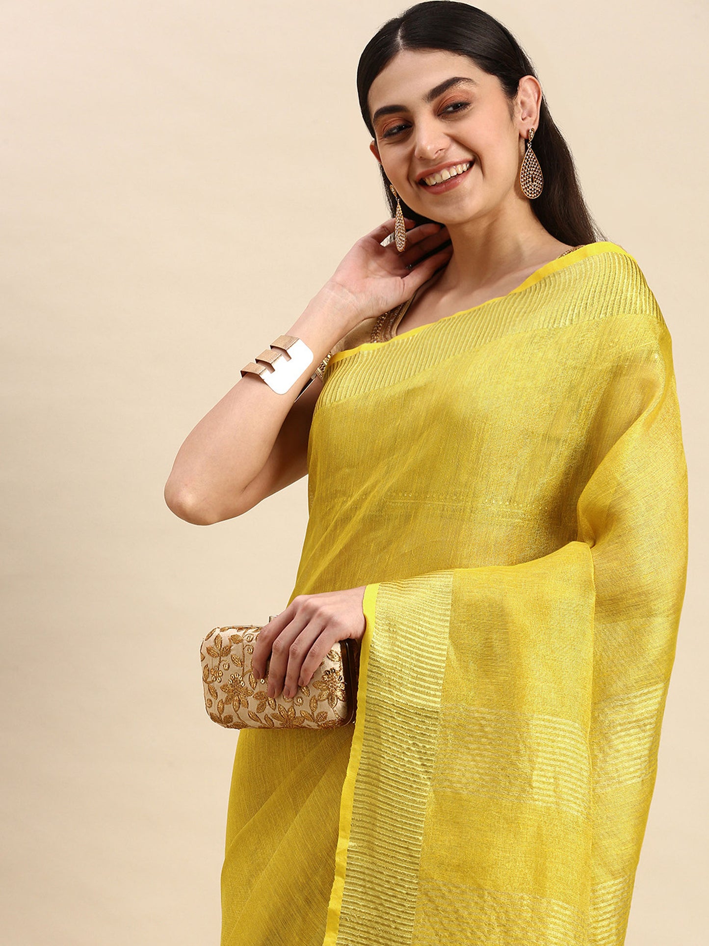 Golden tissue linen powerloom saree