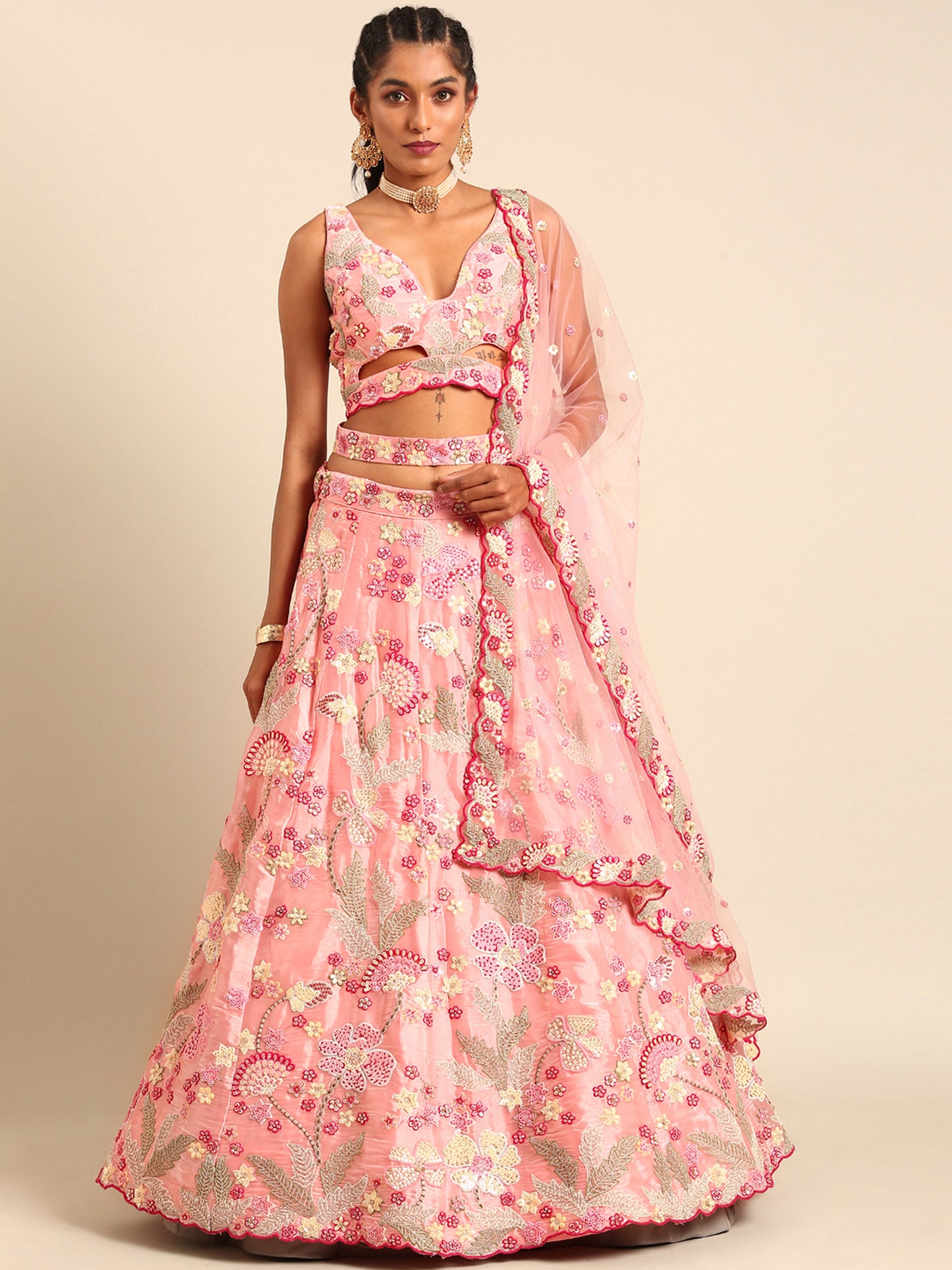 Pink Organza Sequins and Zarkan embroidery Lehenga