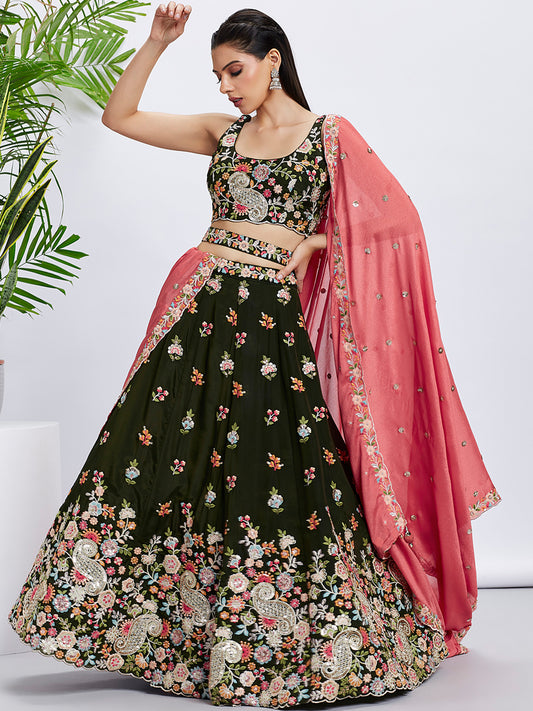 Olive Organza Sequins and thread embroidery Lehenga choli