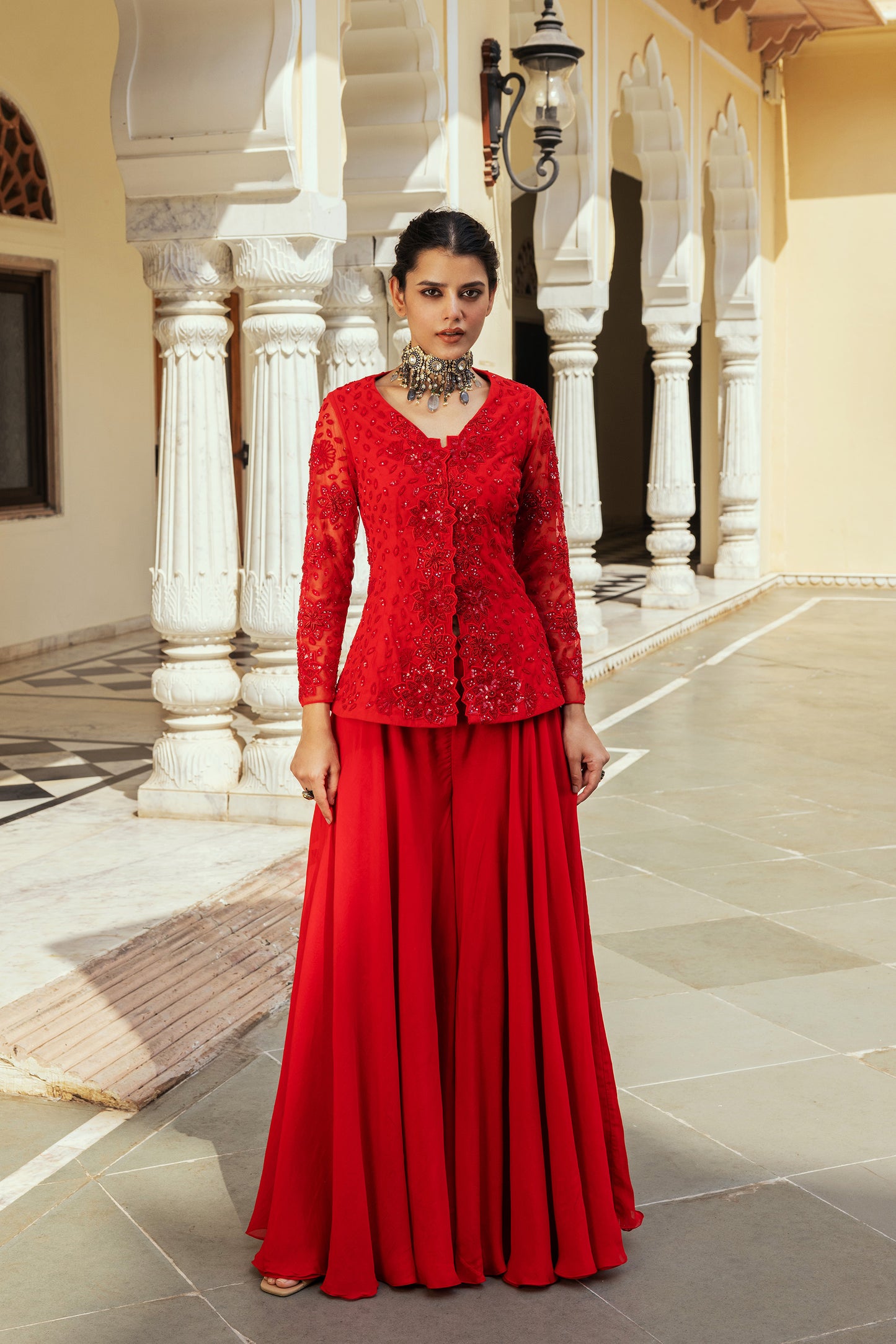 Nimra Red Net Zardosi Embroidered Ajooba Sharara Set