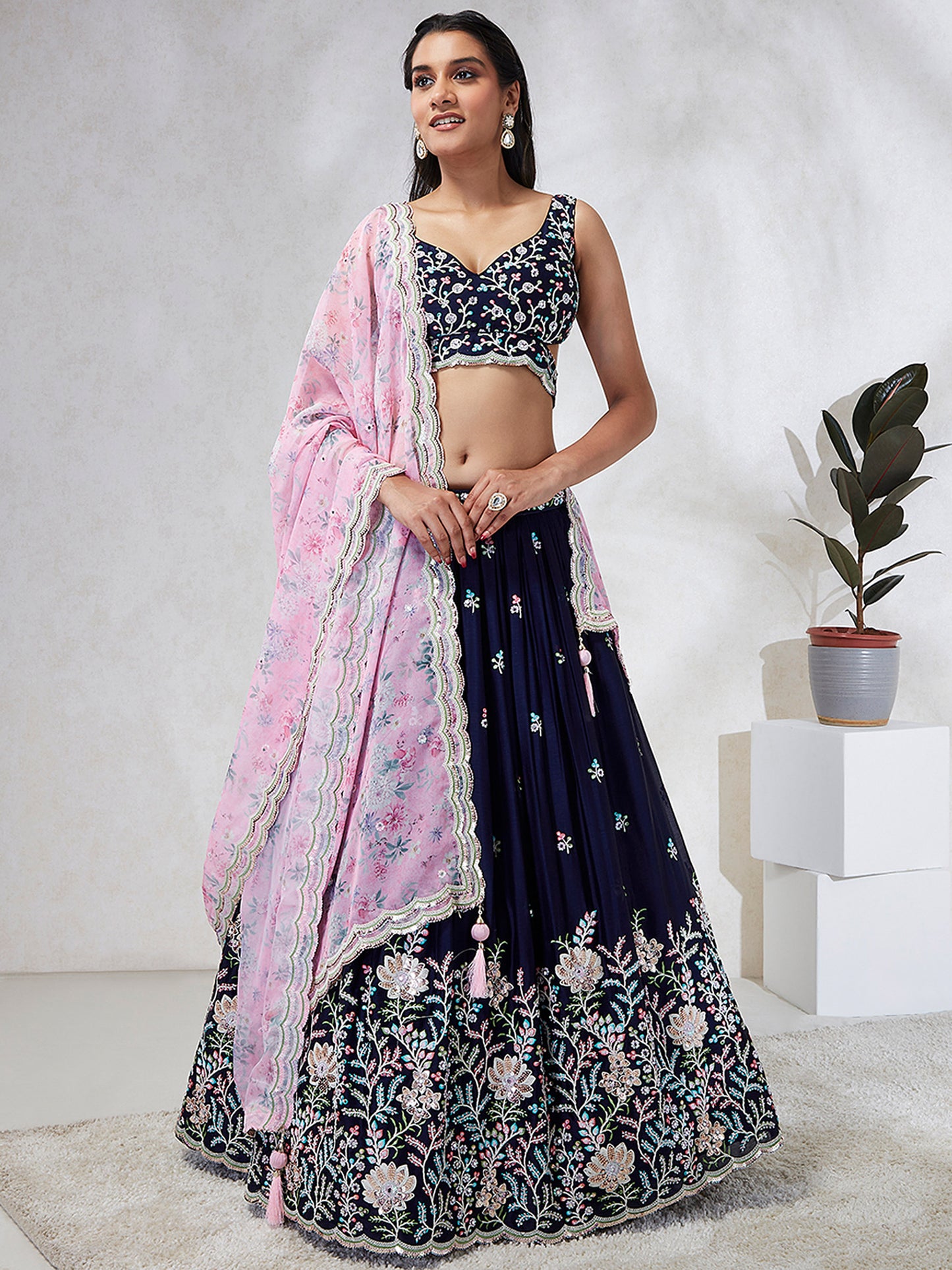 Navy Blue Georgette Sequins, Mirror and thread embroidery Lehenga