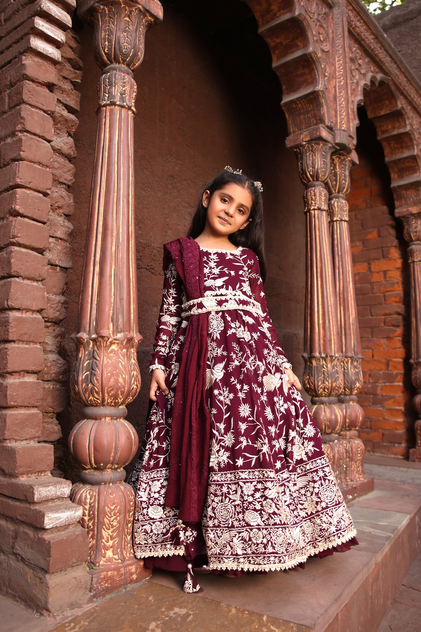 Burgundy Parsi work Anarkali