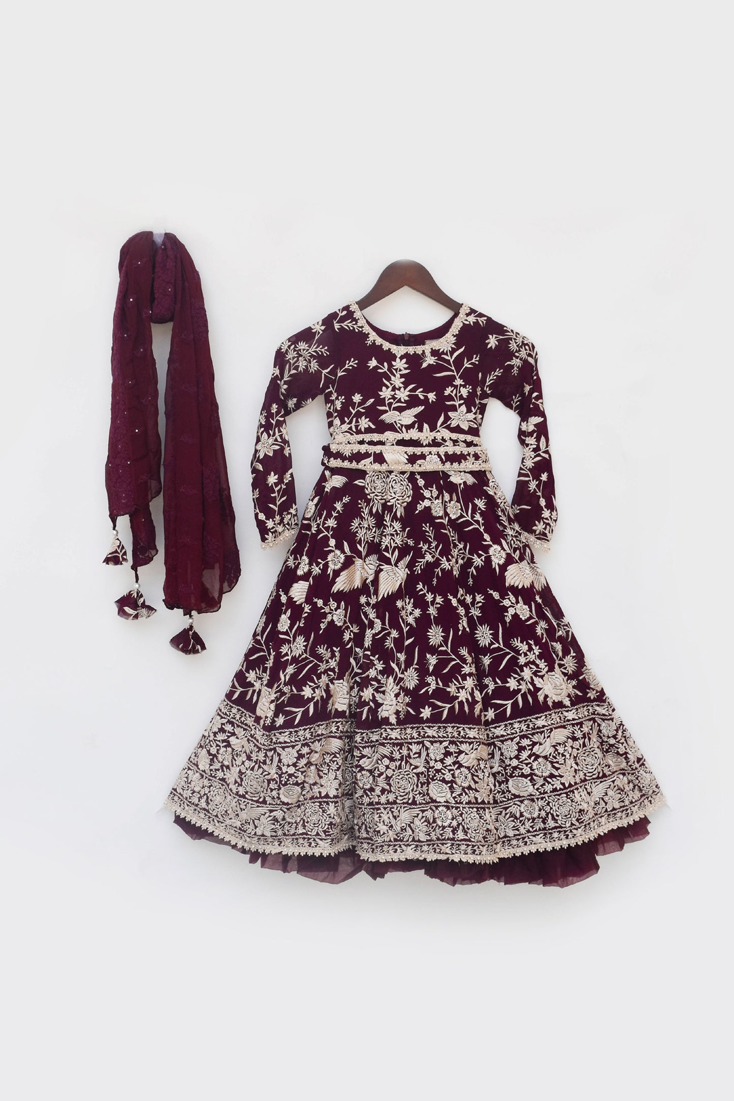 Burgundy Parsi work Anarkali