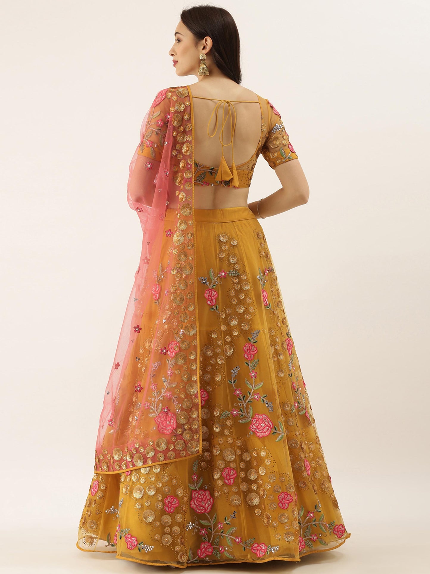 Mustard Net Semi stitched Coding, Sequins & Saroski Stone Work Lehenga Choli