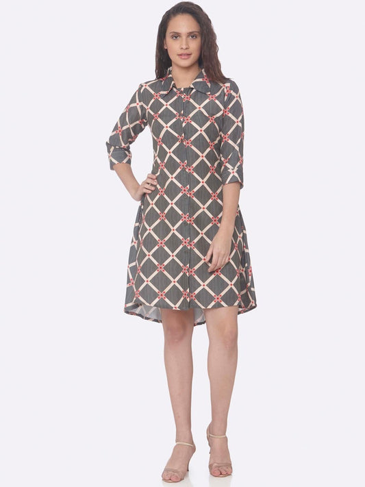 Grey Printed Rayon A-Line Dress | Rescue