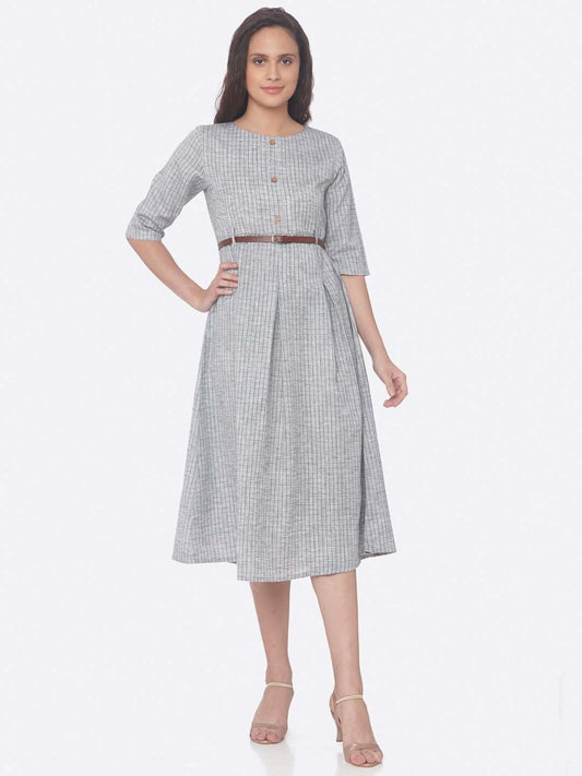 Grey Solid Weaving Cotton A-Line Dress | Rescue