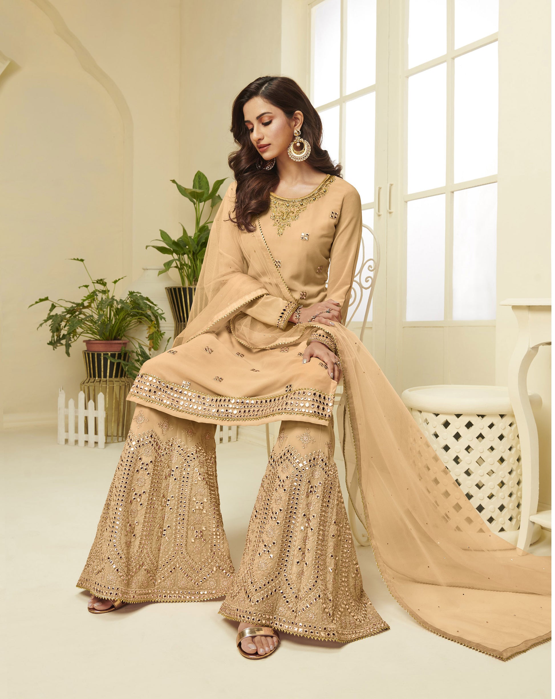 Beige Gota Work Georgette Festive Sharara