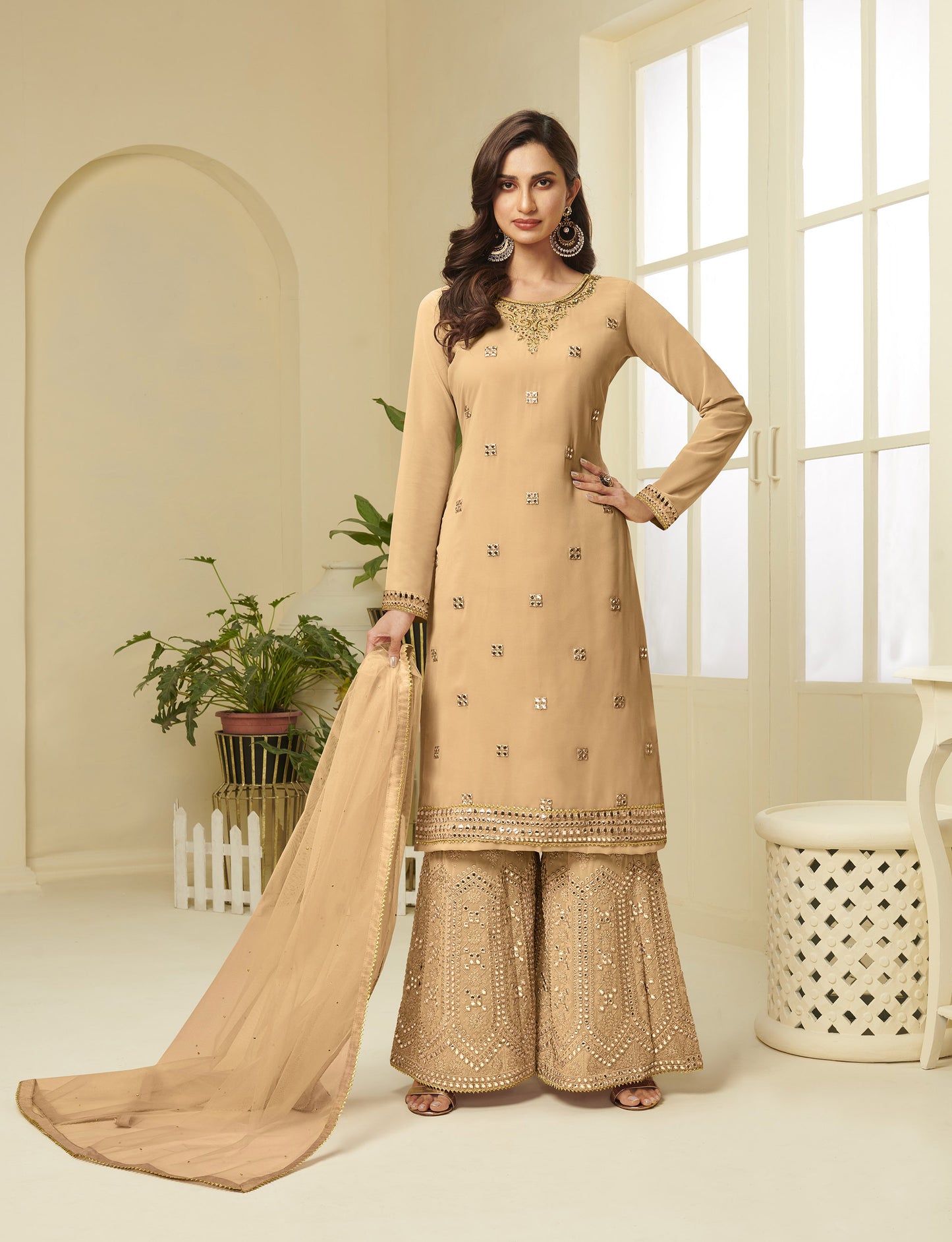 Beige Gota Work Georgette Festive Sharara