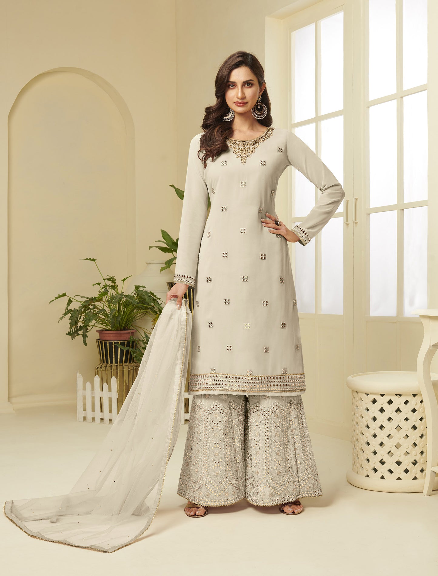 Off White Gota Work Georgette Festive Sharara