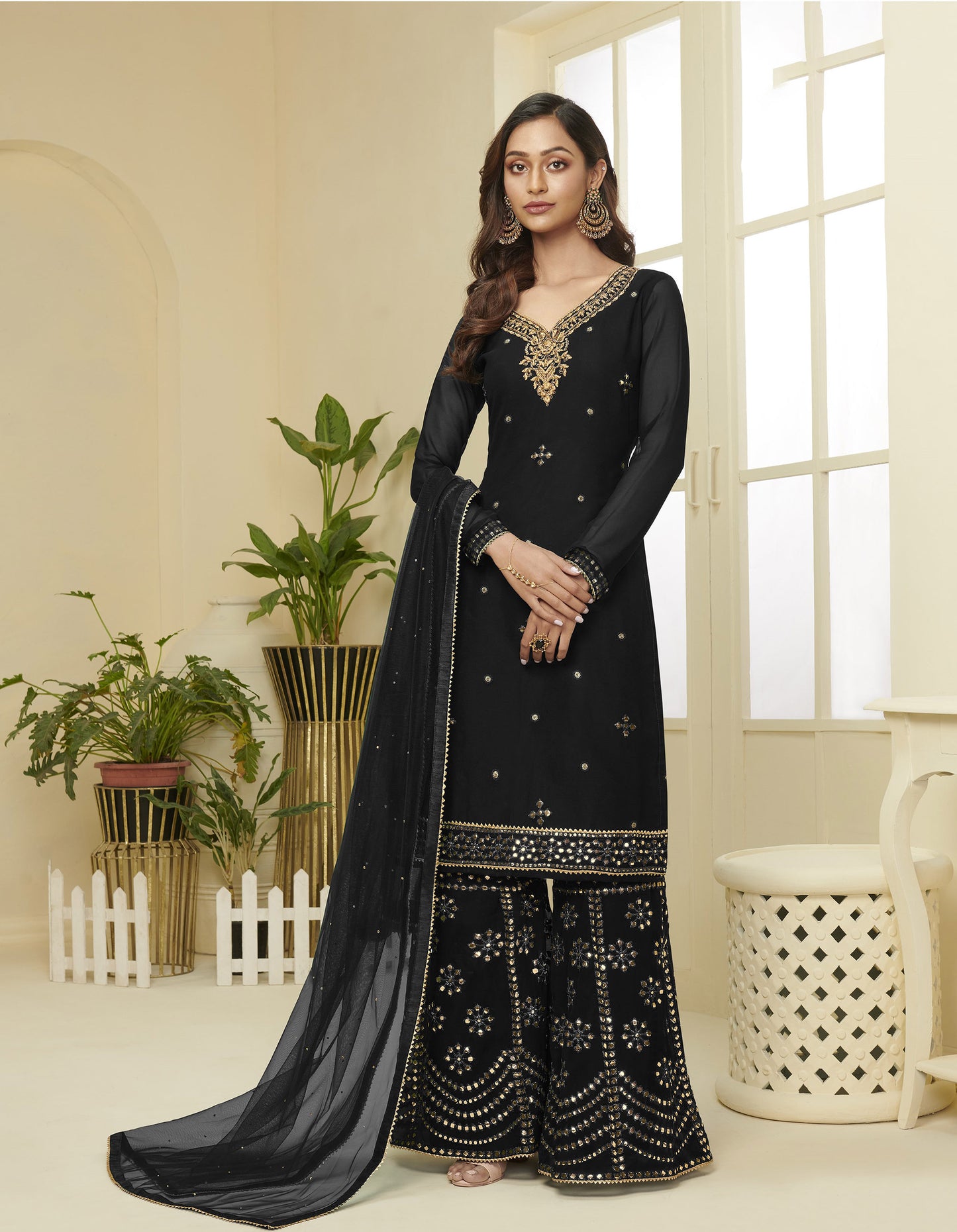 Black Gota Work Georgette Festive Sharara