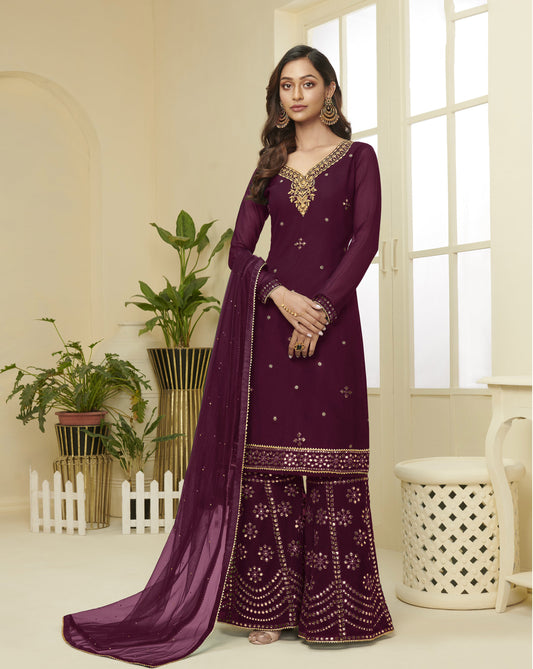 Wine Gota Work Georgette Festive Sharara