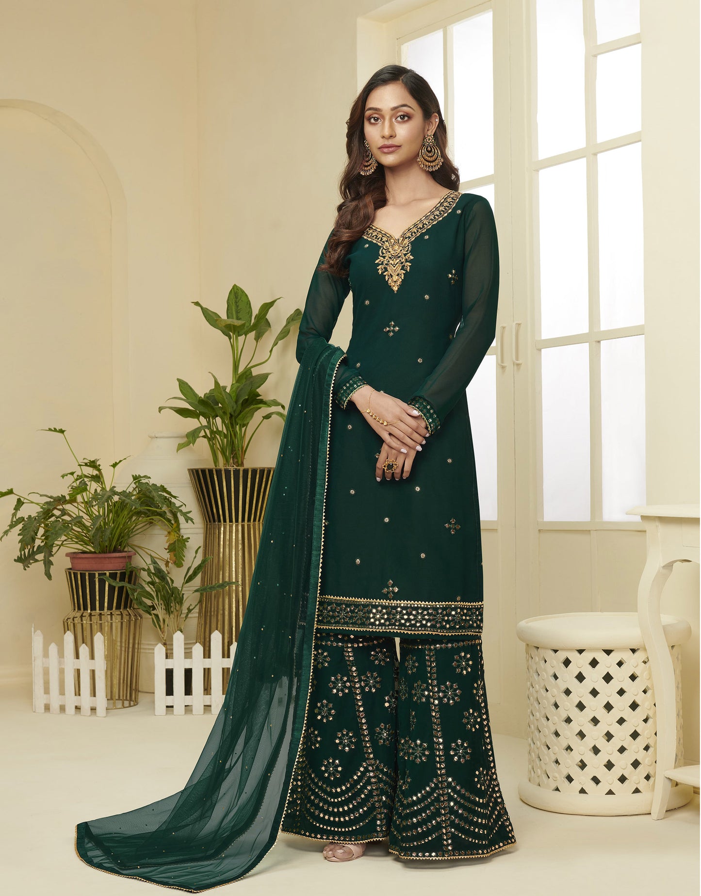 Green Gota Work Georgette Festive Sharara