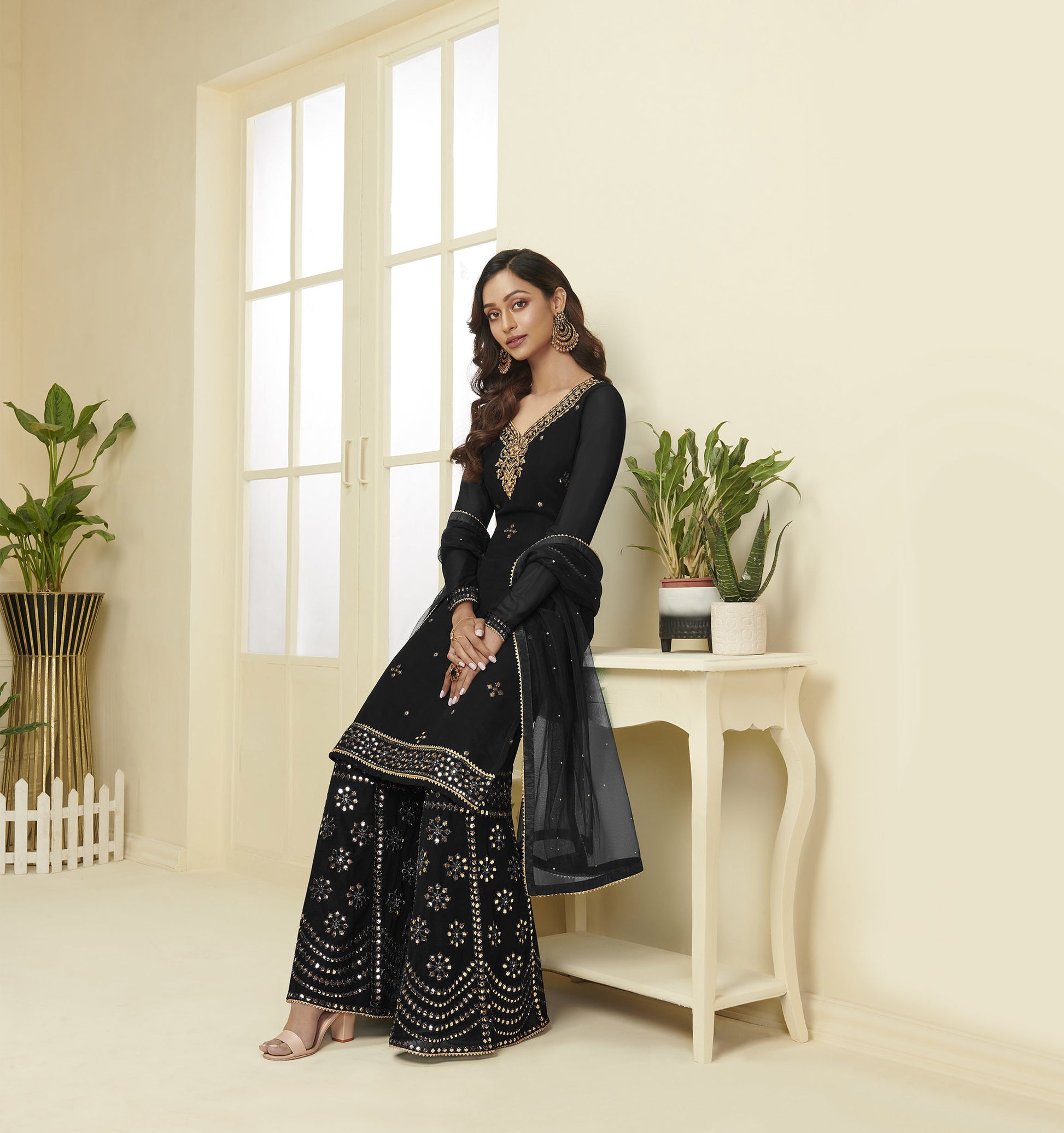 Black Gota Work Georgette Festive Sharara