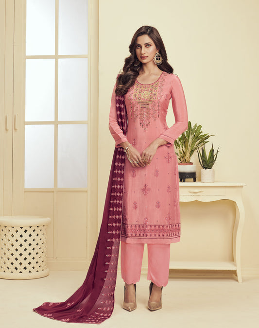 Pink Spring Embroidery Georgette Festive Kurta Set