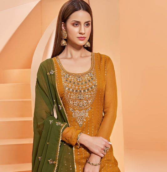 Yellow Thread Embroidery Georgette Sharara for Haldi