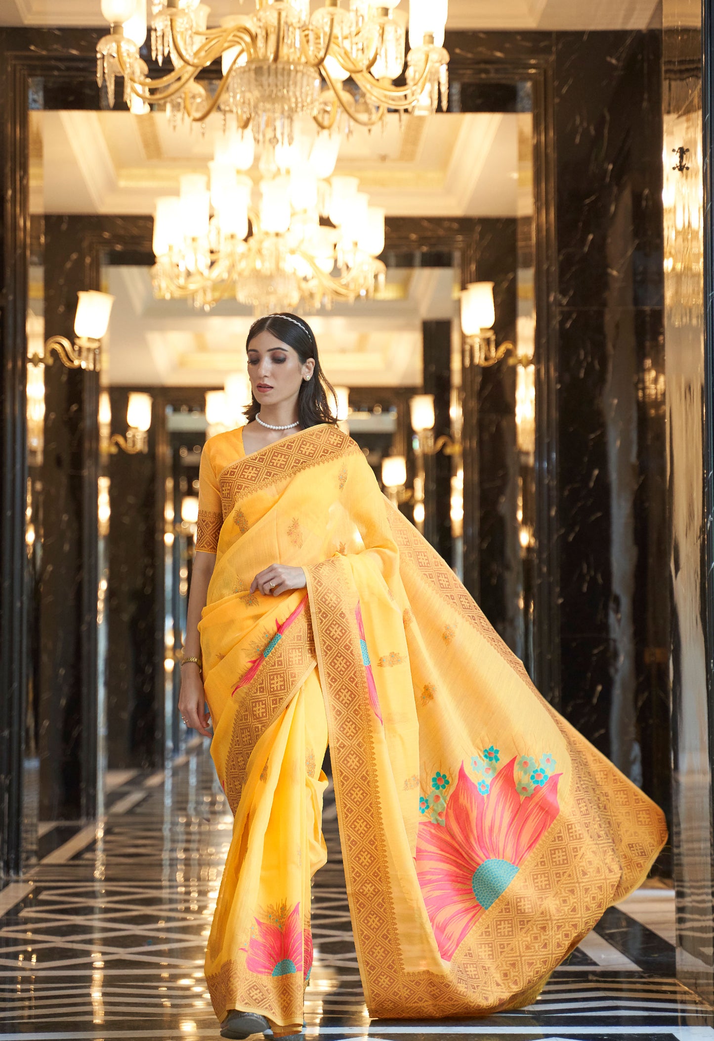 Yellow Kabana Pure Linen Saree